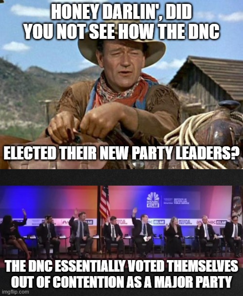 HONEY DARLIN', DID YOU NOT SEE HOW THE DNC ELECTED THEIR NEW PARTY LEADERS? THE DNC ESSENTIALLY VOTED THEMSELVES OUT OF CONTENTION AS A MAJO | image tagged in john wayne,dnc chair candidates 2025 | made w/ Imgflip meme maker