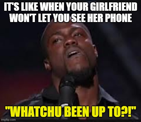 Kevin Hart | IT'S LIKE WHEN YOUR GIRLFRIEND WON'T LET YOU SEE HER PHONE "WHATCHU BEEN UP TO?!" | image tagged in kevin hart | made w/ Imgflip meme maker