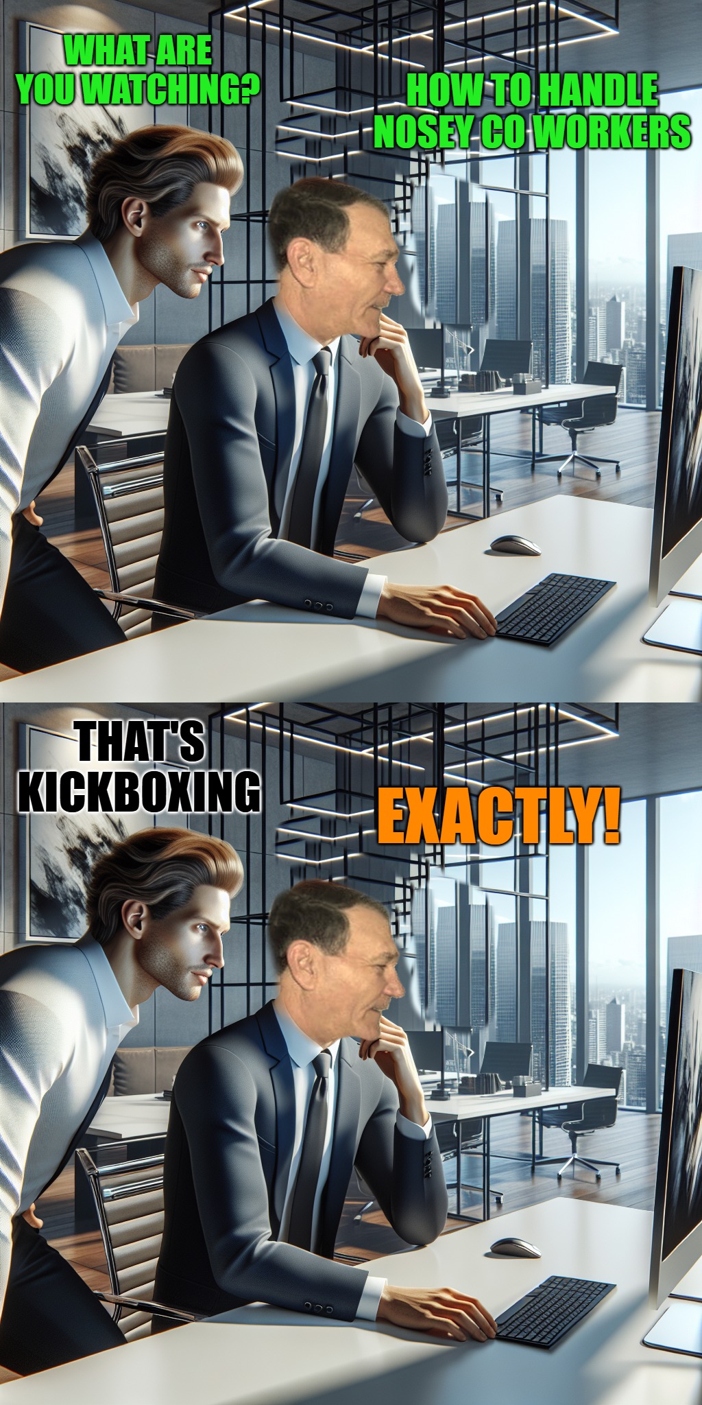 At the office | HOW TO HANDLE NOSEY CO WORKERS; WHAT ARE YOU WATCHING? THAT'S KICKBOXING; EXACTLY! | image tagged in co workers,kewlew | made w/ Imgflip meme maker