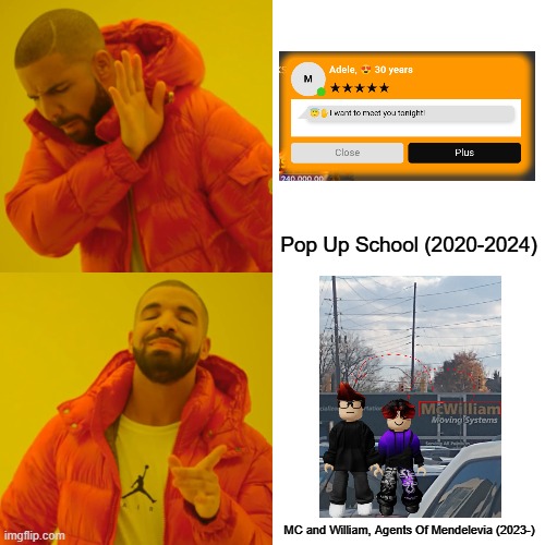 Drake Hotline Bling Meme | Pop Up School (2020-2024); MC and William, Agents Of Mendelevia (2023-) | image tagged in memes,drake hotline bling | made w/ Imgflip meme maker