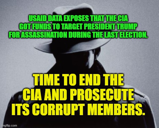 Spy Silhouette | USAID DATA EXPOSES THAT THE CIA GOT FUNDS TO TARGET PRESIDENT TRUMP FOR ASSASSINATION DURING THE LAST ELECTION. TIME TO END THE CIA AND PROSECUTE ITS CORRUPT MEMBERS. | image tagged in spy silhouette | made w/ Imgflip meme maker