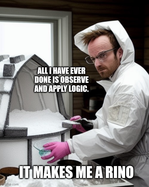 Snowcones | ALL I HAVE EVER DONE IS OBSERVE AND APPLY LOGIC. IT MAKES ME A RINO | image tagged in snowcones | made w/ Imgflip meme maker