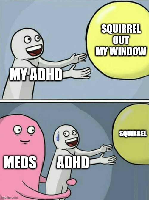 good ol' relatible | SQUIRREL OUT MY WINDOW; MY ADHD; SQUIRREL; MEDS; ADHD | image tagged in memes,running away balloon | made w/ Imgflip meme maker