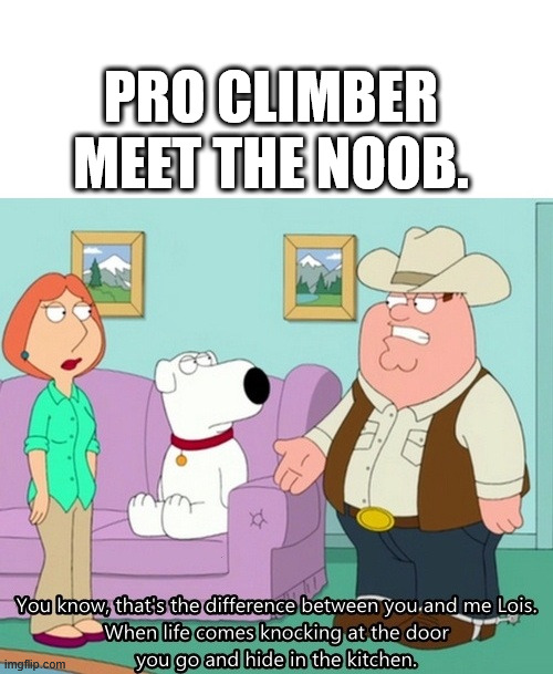 Pro climber meet the noob. | PRO CLIMBER MEET THE NOOB. | image tagged in family guy,meme,lattice climbing,klettern,freeclimbing,latticeclimbing | made w/ Imgflip meme maker