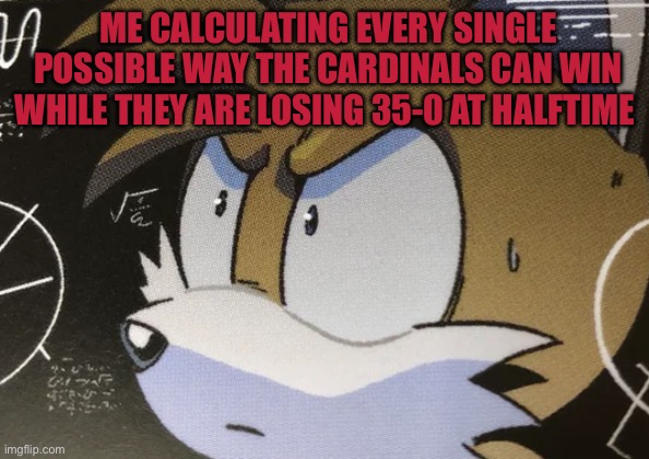 Who else can relate? | ME CALCULATING EVERY SINGLE POSSIBLE WAY THE CARDINALS CAN WIN WHILE THEY ARE LOSING 35-0 AT HALFTIME | image tagged in calculating tails,memes,funny,nfl,sports,football | made w/ Imgflip meme maker