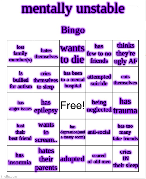 blank bingo template (with better font) | mentally unstable; Bingo; lost family member(s); hates themselves; wants to die; has few to no friends; thinks they're ugly AF; has been to a mental hospital; is bullied for autism; attempted suicide; cuts themselves; cries themselves to sleep; has trauma; has anger issues; being neglected; has epilepsy; wants to scream.. anti-social; lost their best friend; has too many fake friends; has depression(and a messy room); cries IN their sleep; adopted; scared of old men; hates their parents; has insomnia | image tagged in blank bingo template with better font | made w/ Imgflip meme maker