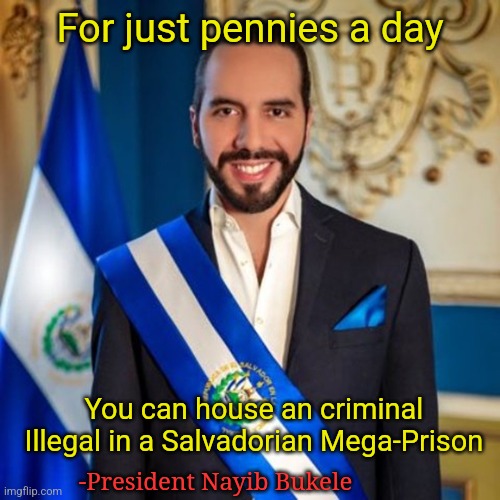 We need a thousand new subscribers in the next 24 hours | For just pennies a day; You can house an criminal Illegal in a Salvadorian Mega-Prison; -President Nayib Bukele | image tagged in illegal immigration | made w/ Imgflip meme maker