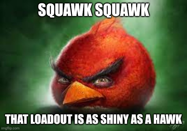 SQUAWK SQUAWK THAT LOADOUT IS AS SHINY AS A HAWK | image tagged in realistic red angry birds | made w/ Imgflip meme maker