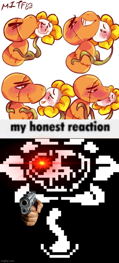 Flowey has a glowing red eye now. (Mad flummy bad) | image tagged in flowey s honest reaction | made w/ Imgflip meme maker