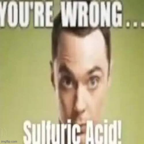 You’re wrong… sulfuric acid! | image tagged in you re wrong sulfuric acid | made w/ Imgflip meme maker