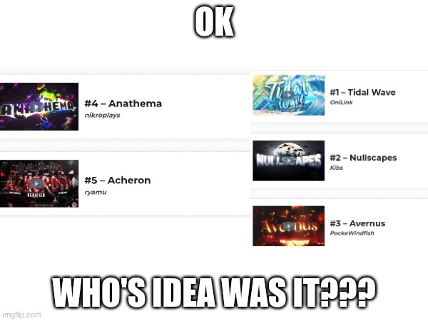 Bro, Anathema's now a failed top 3 (Are u kidding me man???) | OK; WHO'S IDEA WAS IT??? | image tagged in gd,demonlist,whhhhhy,idfk | made w/ Imgflip meme maker