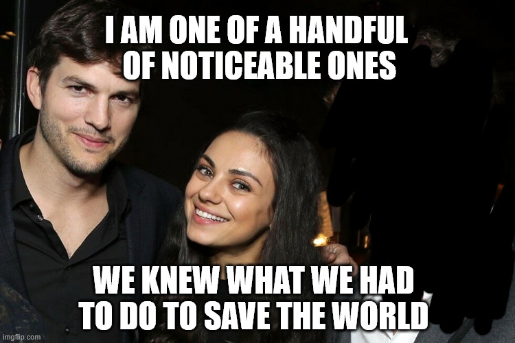 Kutcher | I AM ONE OF A HANDFUL
 OF NOTICEABLE ONES WE KNEW WHAT WE HAD TO DO TO SAVE THE WORLD | image tagged in kutcher | made w/ Imgflip meme maker