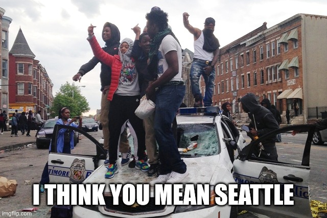 Riot | I THINK YOU MEAN SEATTLE | image tagged in riot | made w/ Imgflip meme maker