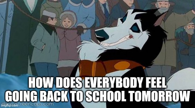 How Does Everybody Feel Going Back To School Tomorrow | HOW DOES EVERYBODY FEEL GOING BACK TO SCHOOL TOMORROW | image tagged in steele,balto 1995,balto,jim cummings,universal studios | made w/ Imgflip meme maker