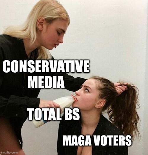 Conservative Media | CONSERVATIVE MEDIA; TOTAL BS; MAGA VOTERS | image tagged in milk girls | made w/ Imgflip meme maker