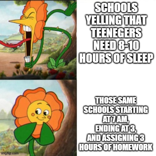 The math isn't mathing | SCHOOLS YELLING THAT TEENEGERS NEED 8-10 HOURS OF SLEEP; THOSE SAME SCHOOLS STARTING AT 7 AM, ENDING AT 3, AND ASSIGNING 3 HOURS OF HOMEWORK | image tagged in sunflower | made w/ Imgflip meme maker