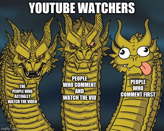 Three-headed Dragon | YOUTUBE WATCHERS; PEOPLE WHO COMMENT AND WATCH THE VID; PEOPLE WHO COMMENT FIRST; THE PEOPLE WHO ACTUALLY WATCH THE VIDEO | image tagged in three-headed dragon | made w/ Imgflip meme maker