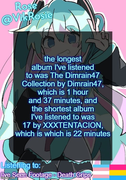 Rose's Hatsune Miku Temp | the longest album I've listened to was The Dimrain47 Collection by Dimrain47, which is 1 hour and 37 minutes, and the shortest album I've listened to was 17 by XXXTENTACION, which is which is 22 minutes; I've Seen Footage - Death Grips | image tagged in rose's hatsune miku temp | made w/ Imgflip meme maker