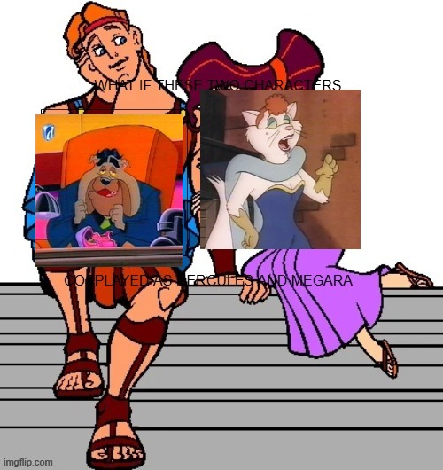 if bugsy and kitty cosplayed as hercules and megara | image tagged in hercules template,dog city | made w/ Imgflip meme maker