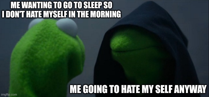 :/ | ME WANTING TO GO TO SLEEP SO I DON'T HATE MYSELF IN THE MORNING; ME GOING TO HATE MY SELF ANYWAY | image tagged in memes,evil kermit | made w/ Imgflip meme maker