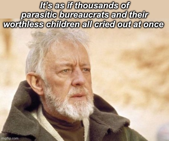 Oh the humanity | It’s as if thousands of parasitic bureaucrats and their worthless children all cried out at once | image tagged in memes,obi wan kenobi,politics lol | made w/ Imgflip meme maker