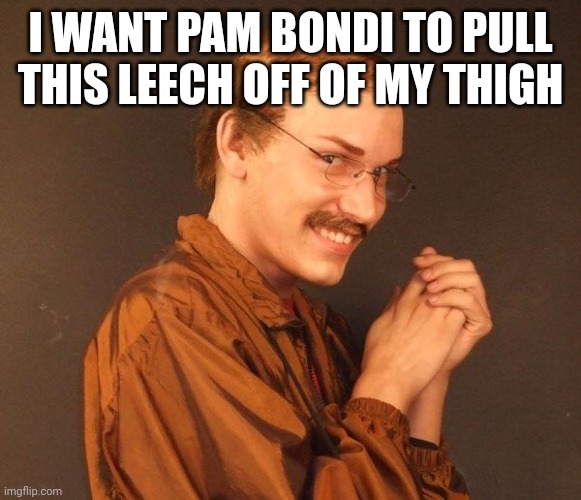 Creepy guy | I WANT PAM BONDI TO PULL THIS LEECH OFF OF MY THIGH | image tagged in creepy guy | made w/ Imgflip meme maker