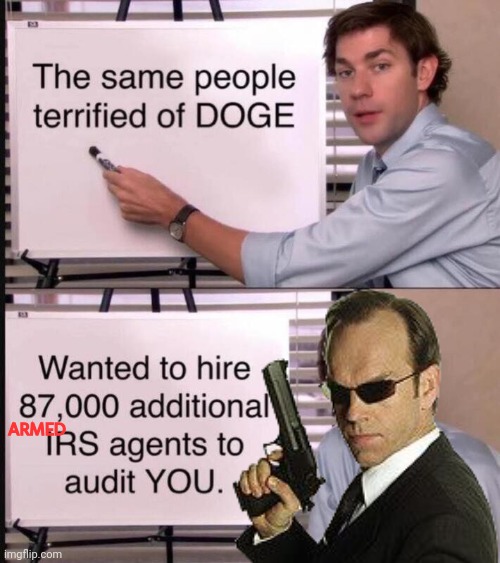 People scared of DOGE want to audit you | ARMED | image tagged in agent smith,irs,hypocrisy | made w/ Imgflip meme maker