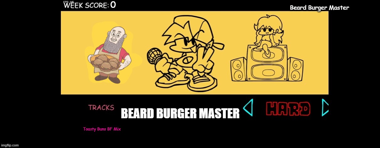 FNF Beard Burger Master Custom Week | 0; Beard Burger Master; BEARD BURGER MASTER; Toasty Buns BF Mix | image tagged in burger,crossover,crossover meme,crossover memes,fnf custom week,parappa | made w/ Imgflip meme maker