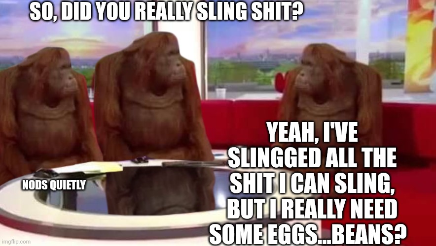 Only Politically Speaking | SO, DID YOU REALLY SLING SHIT? YEAH, I'VE SLINGGED ALL THE SHIT I CAN SLING, BUT I REALLY NEED SOME EGGS...BEANS? NODS QUIETLY | image tagged in where monkey,47 | made w/ Imgflip meme maker