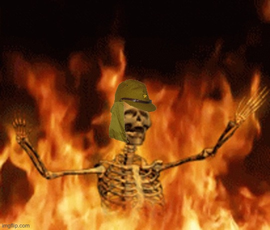 Imperial Japanese soldier burning in hell for war crimes | image tagged in skeleton burning in hell,japan | made w/ Imgflip meme maker