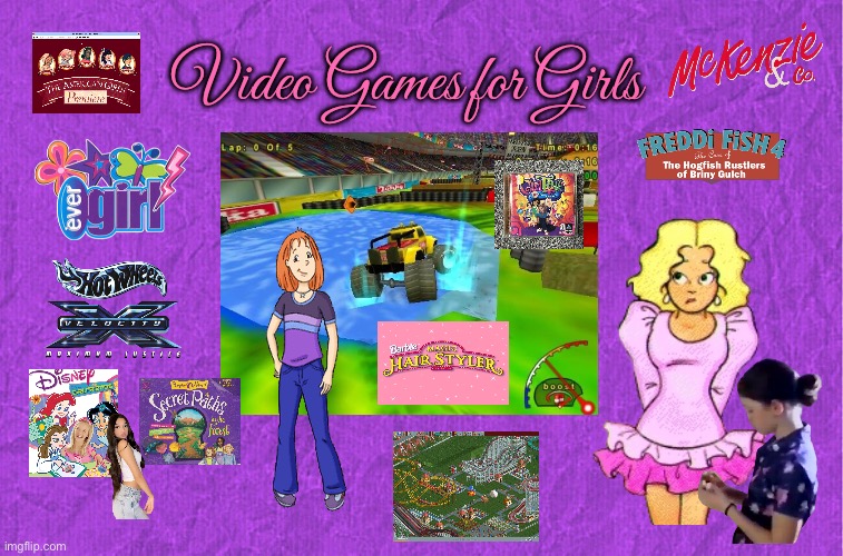 Video Games for Girls | Video Games for Girls | image tagged in generic purple background,girls,video games,hot wheels,nickelodeon,barbie | made w/ Imgflip meme maker