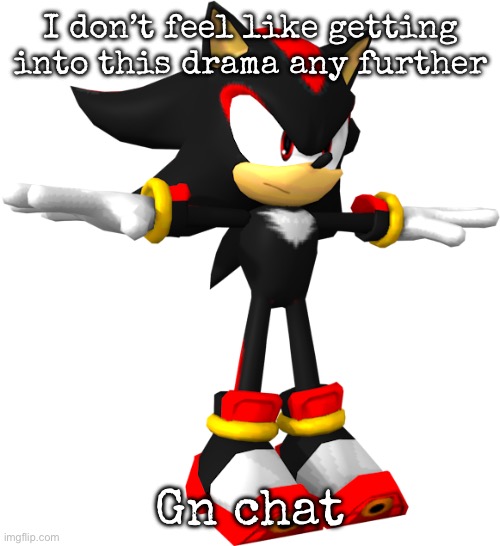 shadow the hedgehog t pose | I don’t feel like getting into this drama any further; Gn chat | image tagged in shadow the hedgehog t pose,msmg | made w/ Imgflip meme maker