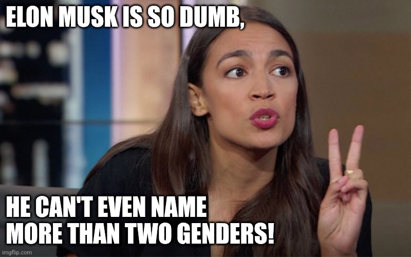 she so smort | ELON MUSK IS SO DUMB, HE CAN'T EVEN NAME MORE THAN TWO GENDERS! | image tagged in aoc 2 fingers,elon musk,political meme | made w/ Imgflip meme maker