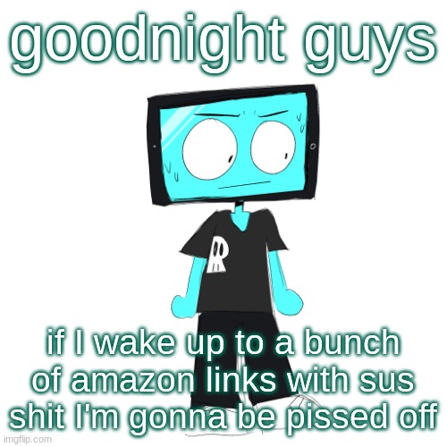 IcyXD concerned | goodnight guys; if I wake up to a bunch of amazon links with sus shit I'm gonna be pissed off | image tagged in icyxd concerned | made w/ Imgflip meme maker