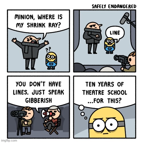 image tagged in despicable me,minion,line,theatre,school,gibberish | made w/ Imgflip meme maker