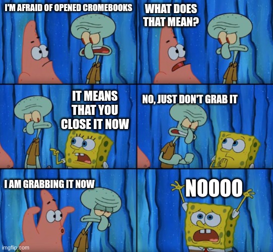 For ms skat | WHAT DOES THAT MEAN? I'M AFRAID OF OPENED CROMEBOOKS; IT MEANS THAT YOU CLOSE IT NOW; NO, JUST DON'T GRAB IT; NOOOO; I AM GRABBING IT NOW | image tagged in stop it patrick you're scaring him correct text boxes | made w/ Imgflip meme maker