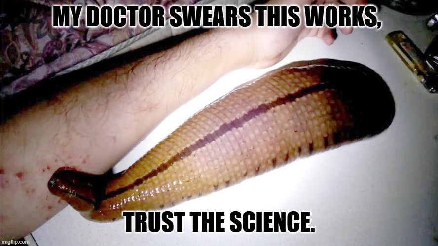 This was once the science. | MY DOCTOR SWEARS THIS WORKS, TRUST THE SCIENCE. | image tagged in leech | made w/ Imgflip meme maker