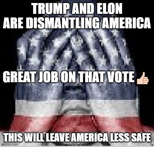 Trump and Elon | TRUMP AND ELON ARE DISMANTLING AMERICA; GREAT JOB ON THAT VOTE👍🏻; THIS WILL LEAVE AMERICA LESS SAFE | image tagged in donald trump,trump,elon musk,america,maga | made w/ Imgflip meme maker