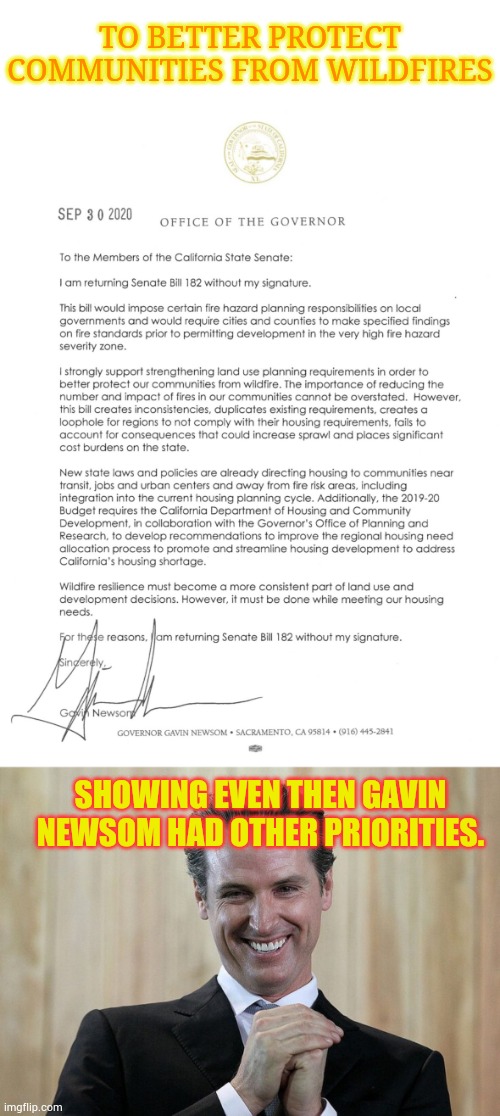 Vetoed California 2020 Senate Bill 182 | TO BETTER PROTECT COMMUNITIES FROM WILDFIRES; SHOWING EVEN THEN GAVIN NEWSOM HAD OTHER PRIORITIES. | image tagged in gavin newsomtyrant,i don't think so,wildfire,protection,politics,memes | made w/ Imgflip meme maker