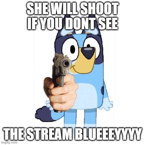 dogoventures blueeeyyyy /m/ | SHE WILL SHOOT IF YOU DONT SEE; THE STREAM BLUEEEYYYY | image tagged in bluey has a gun | made w/ Imgflip meme maker