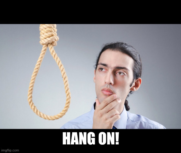 man pondering on hanging himself | HANG ON! | image tagged in man pondering on hanging himself | made w/ Imgflip meme maker