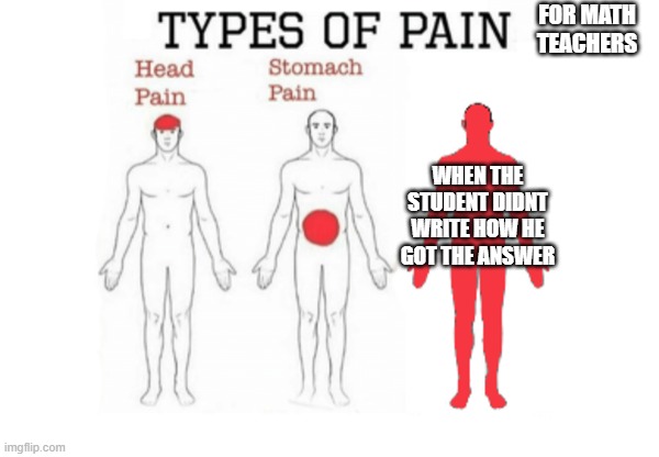 Types of Pain | FOR MATH TEACHERS; WHEN THE STUDENT DIDNT WRITE HOW HE GOT THE ANSWER | image tagged in types of pain | made w/ Imgflip meme maker