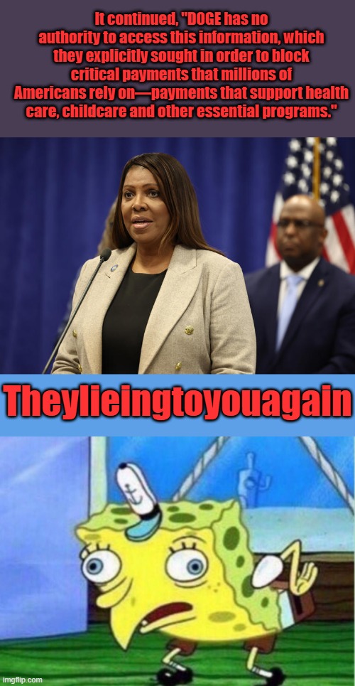 Lie lie lie and when those lies fail , LIE AGAIN. | It continued, "DOGE has no authority to access this information, which they explicitly sought in order to block critical payments that millions of Americans rely on—payments that support health care, childcare and other essential programs."; Theylieingtoyouagain | image tagged in memes,mocking spongebob | made w/ Imgflip meme maker