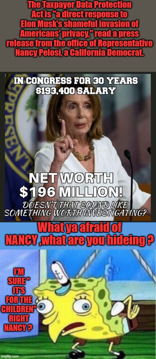 Should be called. The Corrupt Politician Data Protection Act, But like its always " For the Children" now its the TAXPAYER | The Taxpayer Data Protection Act is "a direct response to Elon Musk's shameful invasion of Americans' privacy," read a press release from the office of Representative Nancy Pelosi, a California Democrat. What ya afraid of NANCY ,what are you hideing ? I'M SURE " IT'S FOR THE CHILDREN" RIGHT NANCY ? | image tagged in memes,mocking spongebob | made w/ Imgflip meme maker