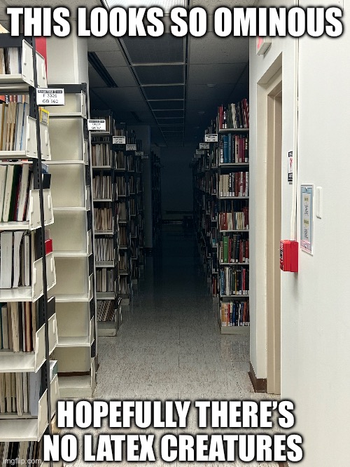 Really creepy library | THIS LOOKS SO OMINOUS; HOPEFULLY THERE’S NO LATEX CREATURES | image tagged in creepy,ominous,curiosity | made w/ Imgflip meme maker