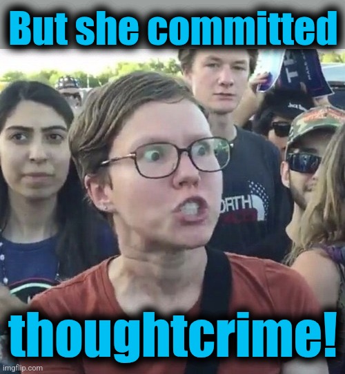 Triggered feminist | But she committed thoughtcrime! | image tagged in triggered feminist | made w/ Imgflip meme maker