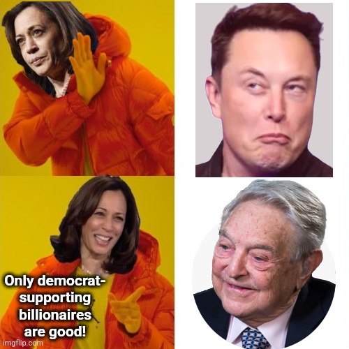 Only democrat-supporting billionaires are good! | Only democrat-
supporting
billionaires
are good! | image tagged in kamala harris hotline bling,memes,billionaires,elon musk,george soros,hypocrisy | made w/ Imgflip meme maker