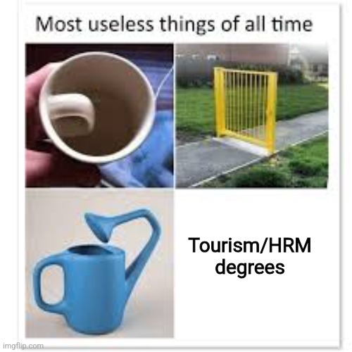 Tourism degrees are shit | Tourism/HRM degrees | image tagged in most useless things,funny,tourism,college,degree | made w/ Imgflip meme maker