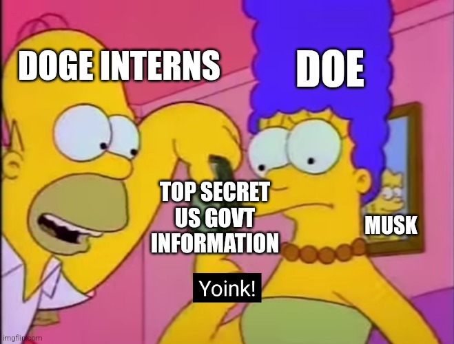 D'oe! | DOE; DOGE INTERNS; TOP SECRET US GOVT INFORMATION; MUSK | image tagged in yoink,elon musk,doge,trump,oops | made w/ Imgflip meme maker