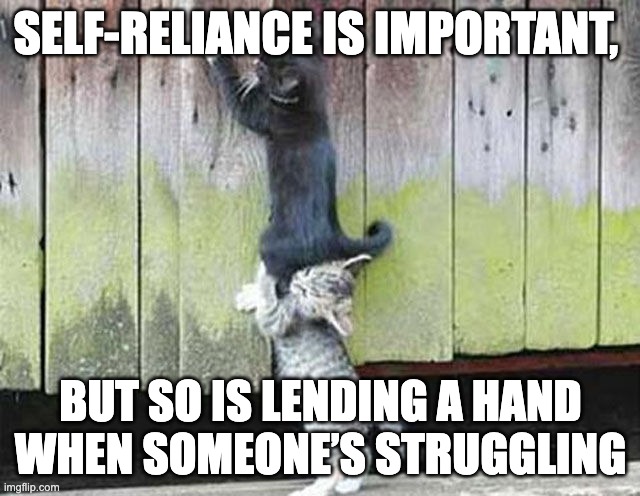 Helping hand | SELF-RELIANCE IS IMPORTANT, BUT SO IS LENDING A HAND WHEN SOMEONE’S STRUGGLING | image tagged in helping hand | made w/ Imgflip meme maker